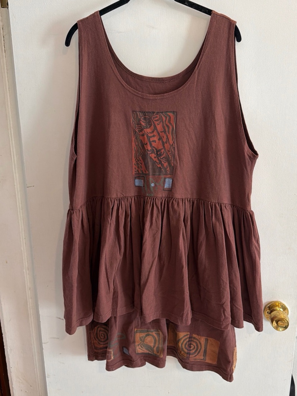 Blue Fish Rust Brown Peplum Tunic Dress with Printed Panels